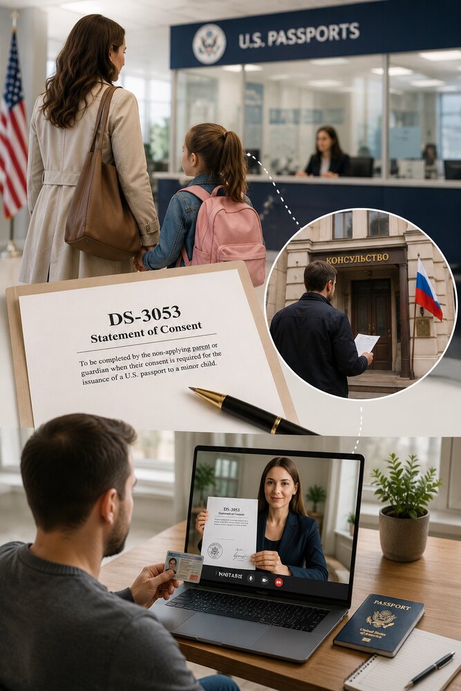Форма DS-3053 — согласие второго родителя на паспорт США ребёнку: подача документов, нотариус за границей или онлайн (RON)