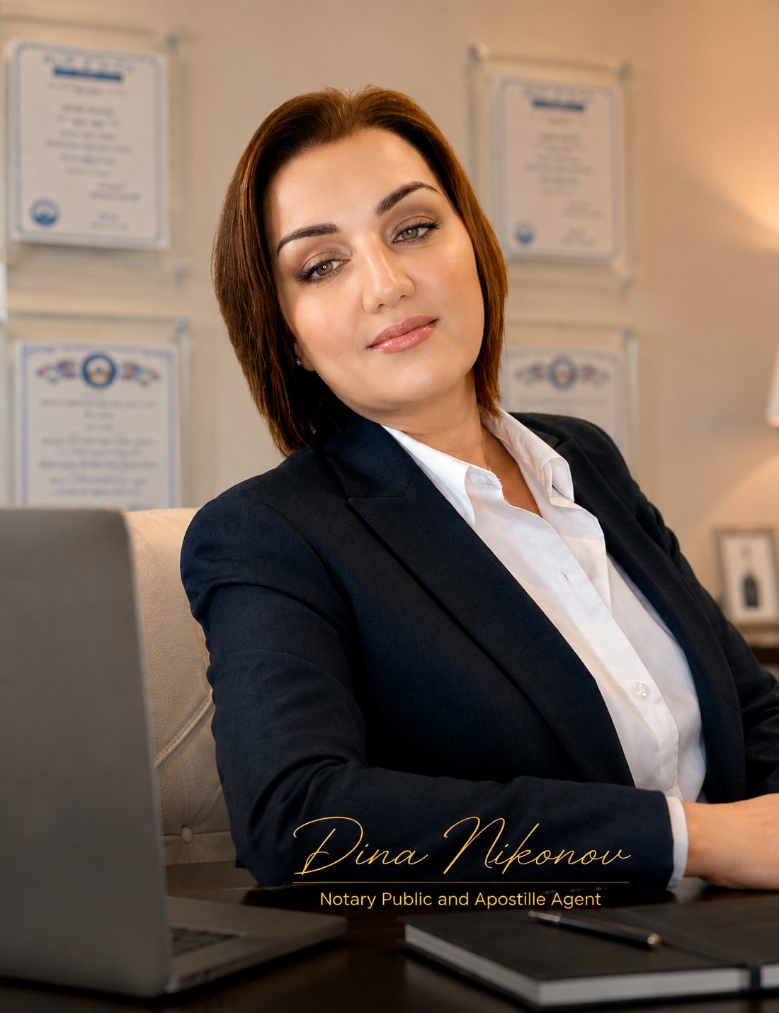 Dina Nikonov at her Seattle office — notary public and apostille agent for Washington documents