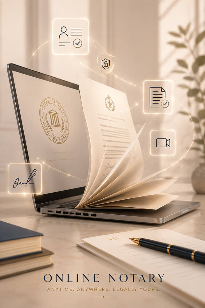 Online notarization on a laptop: a notarized document with a Notary Public seal, plus icons for identity verification, a secure video session and a digital signature