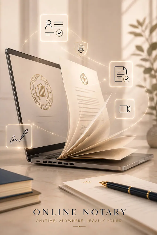 Online notarization on a laptop: a notarized document with a Notary Public seal, plus icons for identity verification, a secure video session and a digital signature