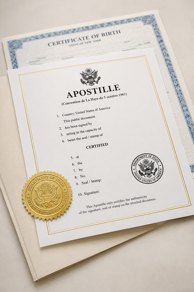 U.S. Apostille certificate with Department of State gold seal, attached to a New York birth certificate (Hague Convention of 5 October 1961)