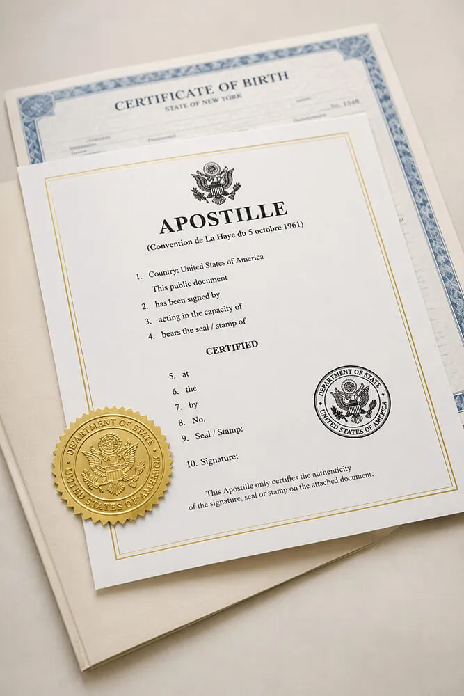 U.S. Apostille certificate with Department of State gold seal, attached to a New York birth certificate (Hague Convention of 5 October 1961)